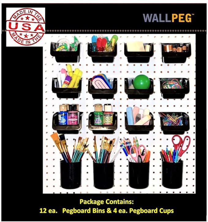 WallPeg Pegboard Bins & Cups - 12 Each 5" Bins and 4 Each 5" Cups - Hooks to Peg Board Panel Organize Hardware Arrange Access