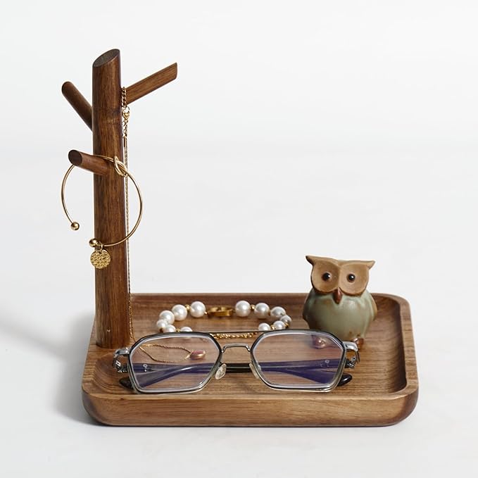 Solid Acacia Wood Key Tray and Bowl for Entryway Table - Jewelry Tray With 3 Hooks, Open Storage for Wallet, Glasses, Watches
