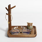 Solid Acacia Wood Key Tray and Bowl for Entryway Table - Jewelry Tray With 3 Hooks, Open Storage for Wallet, Glasses, Watches