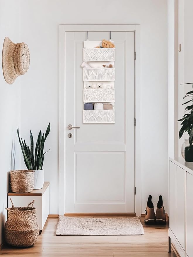 Macrame Over the Door Organizer Boho Decor Nursery Storage, Leaf Weaving Closet Organizers and Storage，with 4 Hanging Pockets
