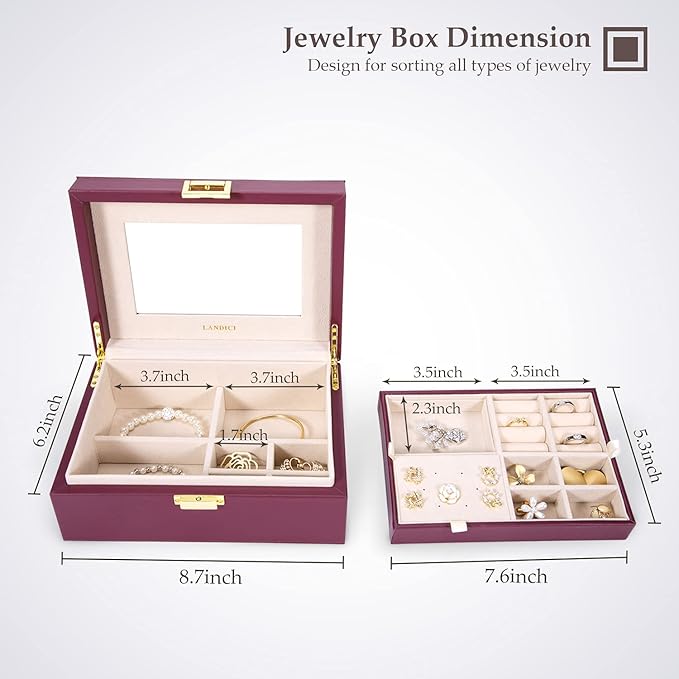 LANDICI Jewelry Organizer Box for Women Teen Girls,Large Jewelry Storage Case with Mirror,2 Layer Removable Stackable Tray,Le