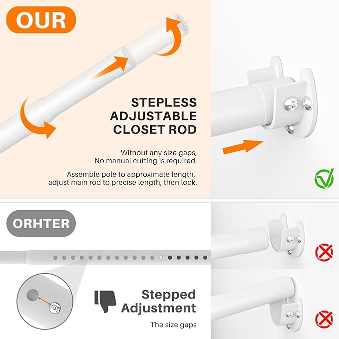 Closet Rod, Closet Rods for Hanging Clothes, 17 to 52 inch Adjustable Closet Hanging Rod, Heavy Duty Clothes Rod Clothing Bar