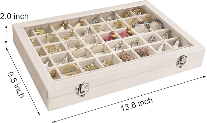 Siveit Velvet Jewelry Tray 48 Grid Jewelry Display Tray Organizer Box with Transparent Lid Rings Earrings Necklaces Pendants 