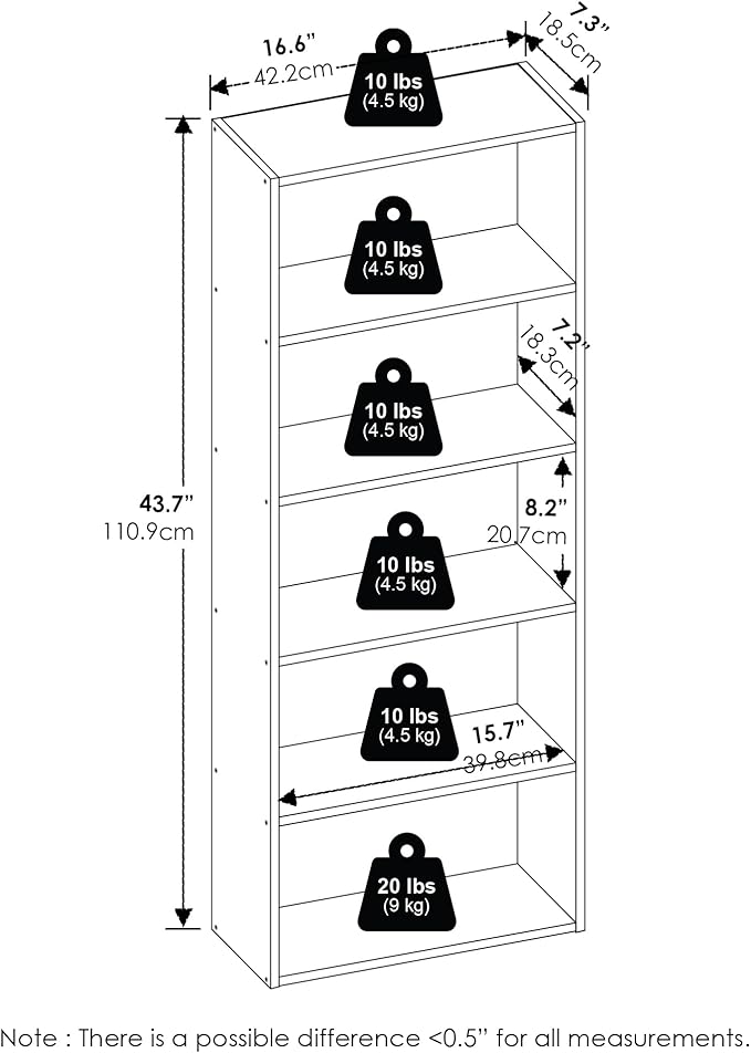 Furinno Basic Book Shelf, 5-Tier Bookshelf, Storage Organizer Bookcase with Open Shelf, 7 x 17 x 44, for Living Room, Bedroom