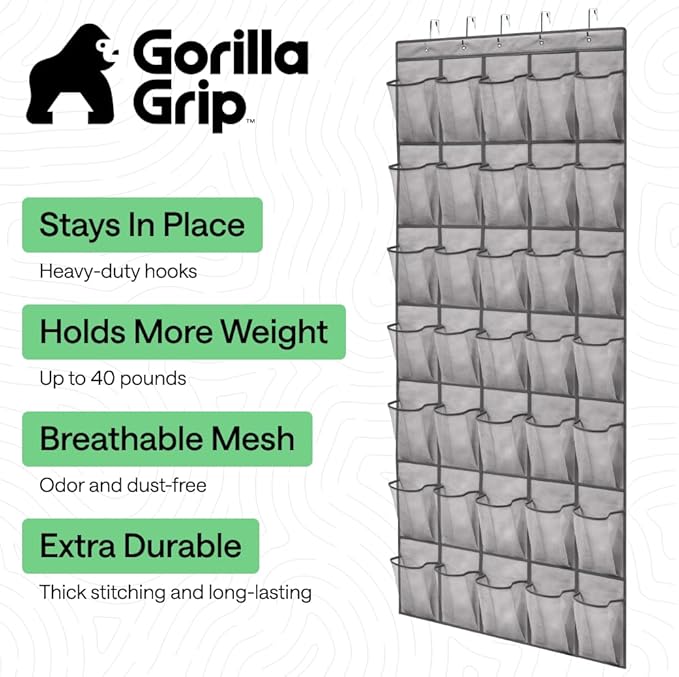 GORILLA GRIP Over the Door Shoe Organizer, 35 Large Breathable Mesh Pockets, Space Saving Hanging Storage Holder, 5 Hook Clos