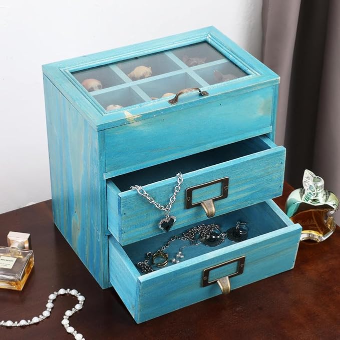 Wooden Storage Box Wooden Desk Organizer with 2 Drawers and 6 Grids Apothecary Drawers Small Wooden Drawers Small Craft Stora