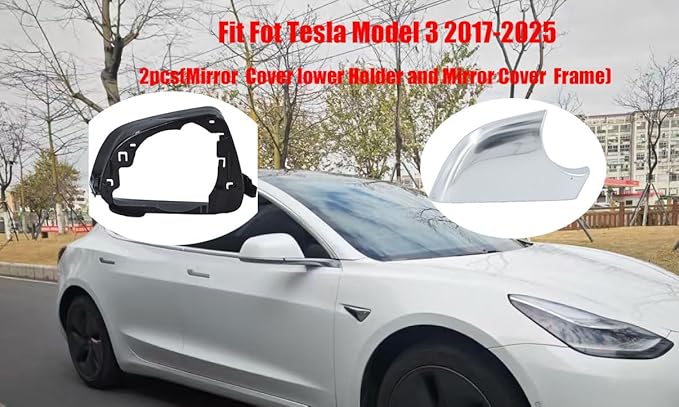 Fits For Tesla Model 3 Left Driver Side Wing Mirror Cover andMirror Frame Set Rearview Lower Holder Tray Cap Housing 2017-2020(Right side chrome)