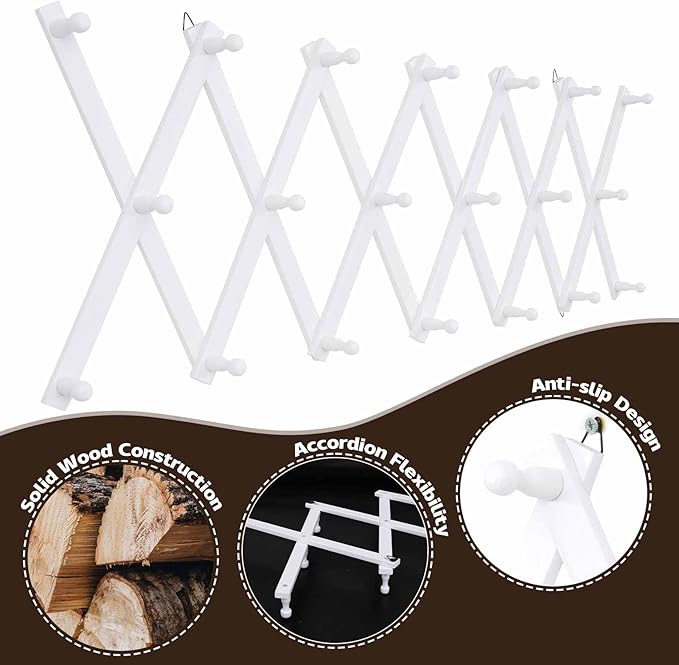 SCUNDA Wall Rack with 20 Hooks, Wooden Wall Expandable Coat Rack for Coat, Hats, Baseball Caps, Coffee Mug, Jewelry(White)