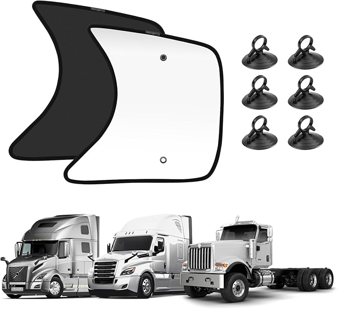 KUST 23''×21.6'' Side Window Sun Shade for Semi Truck, RV Semi Truck,Volvo VNL,International Trucks, Freightliner Black&Silver Side Window Shade, Sunshade with Suction Cup, Glare Sun UV Rays 2PCS