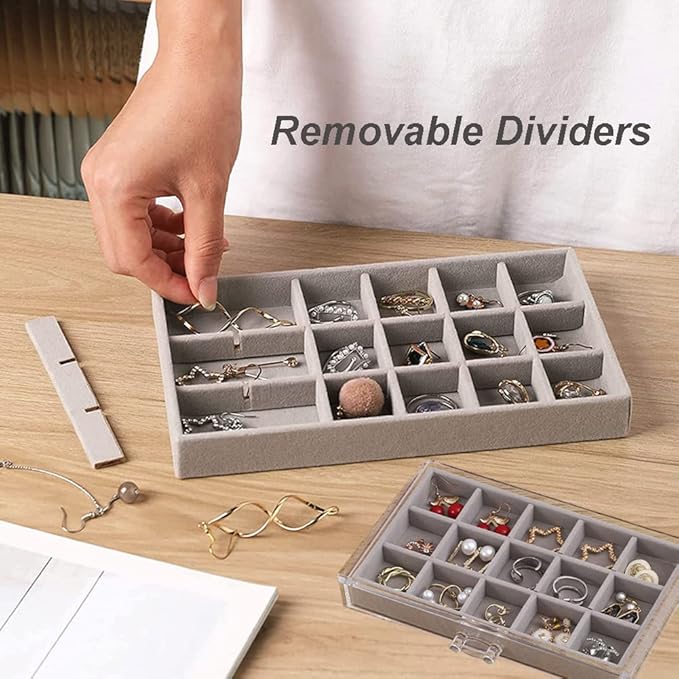 YUFONG Earring Organizer Box Acrylic Jewelry Organizer with 3 Drawers 54 Adjustable Grids Clear Stackable Earring Holder Velv