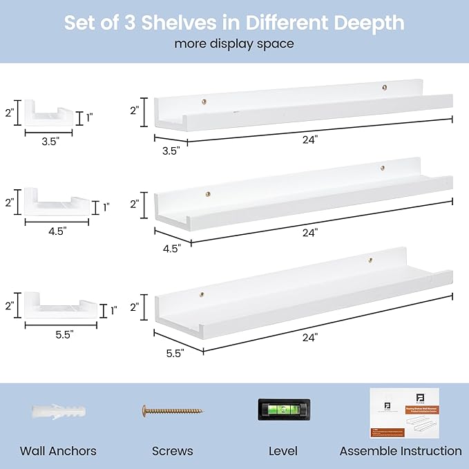 Picture Ledge Shelf for Wall, 24 inches Solid Pine Wood Nursery Book Shelves 3 Packs, Floating Ledge Shelves for Kids' Room B