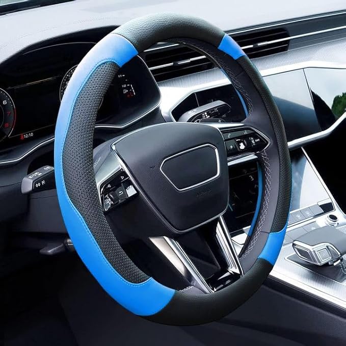 Xizopucy Blue Steering Wheel Cover Microfiber Leather Sporty Car Accessories for Men and Women,Breathable Non-Slip Universal 