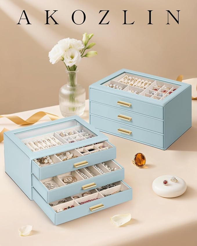 AKOZLIN Jewelry Box with Clear Lid Functional Leather Jewelry Storage Organizer Case 3 Drawers for Women Girls Necklace Ring 