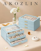 AKOZLIN Jewelry Box with Clear Lid Functional Leather Jewelry Storage Organizer Case 3 Drawers for Women Girls Necklace Ring 