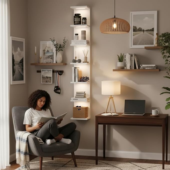 7 Tier Wall Shelves with Led Light, Lack Wall Shelf Unit, Vertical Shelf with Remonte Control,White Shelves