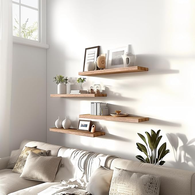 PHPH Wood Floating Shelves for Wall, Wooden Wall Shelves for Bedroom, Set of 6 Light Brown 17 Inch