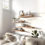 PHPH Wood Floating Shelves for Wall, Wooden Wall Shelves for Bedroom, Set of 6 Light Brown 17 Inch