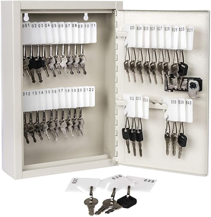 KYODOLED Key Storage Lock Box with Code, Locking Key Cabinet, 40 Key Holder Wall Mount with Combination Lock, Hooks & Tags La