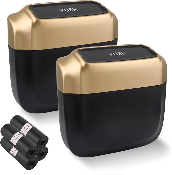2PCS Car Trash Can with Lid + 60PCS Garbage Bag,Mini Trash Can Car Interior Accessories,Multifunctional ABS Car Organizers and Storage (Gold)
