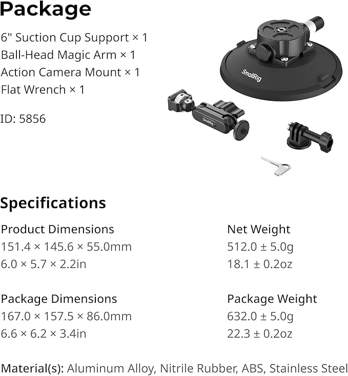 SMALLRIG 6" Suction Cup Mount with Ball Head Magic Arm, Action Camera Mount for DJI Osmo Action 5 Pro/4, for Insta360 x5, for Gopro 13/12, Load Capacity 3kg, on Car Windshield or Window - 5856