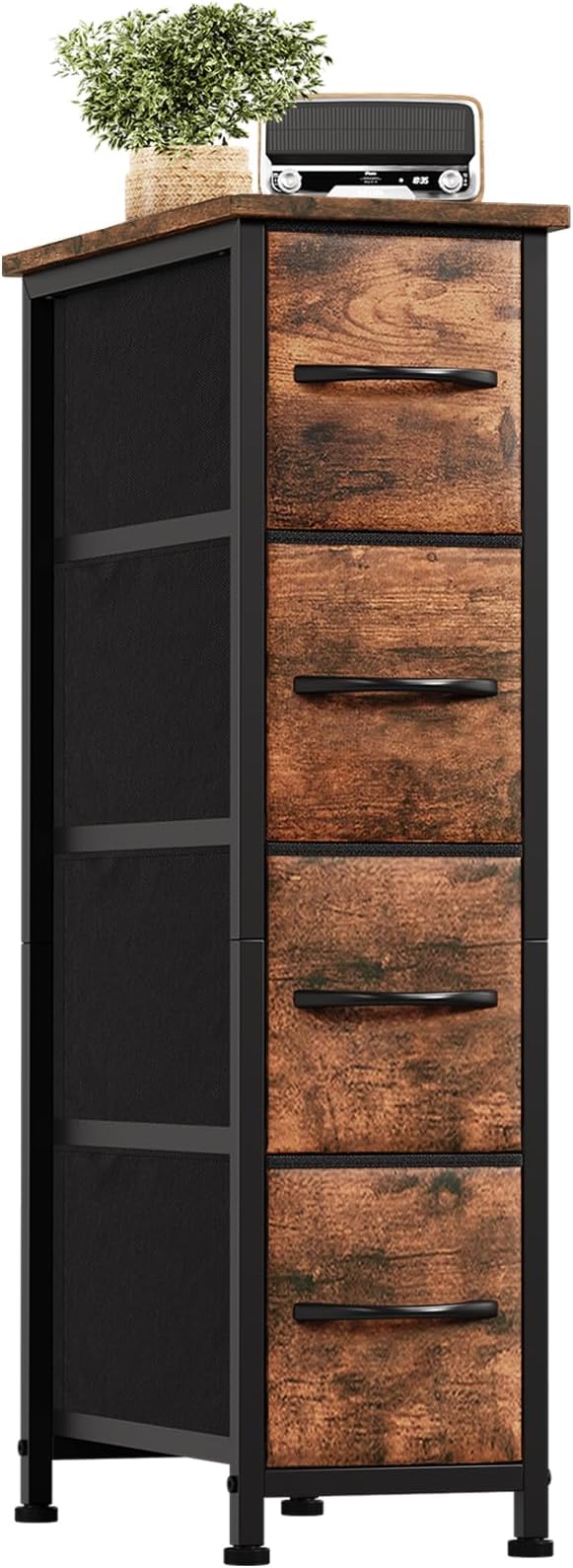 Somdot Narrow Dresser with 4 Drawers, Slim Storage Organizer Chest of Drawers with Removable Fabric Drawers for Small Spaces 