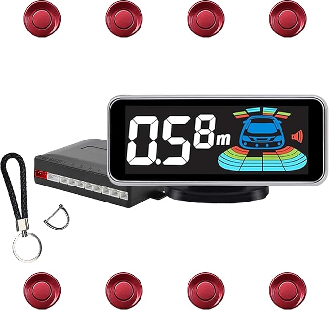 Backup Parktronic System Car Auto Vehicle Reverse with 8 Parking Sensors kit, LCD Display, Distance Detection (Meter/Foot Switchable), Buzzer Alarm and Voice Prompt Function（Dark Red）