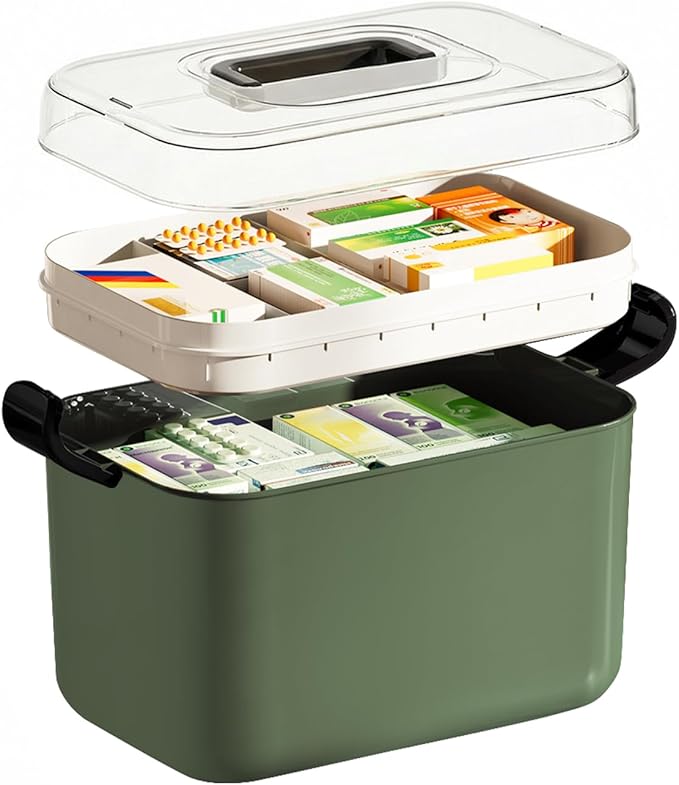 2 Tiers Medicine Organizer - Portable Medicine Storage Box with Handle, Large Capacity Plastic Medical Cabinet, Multipurpose 