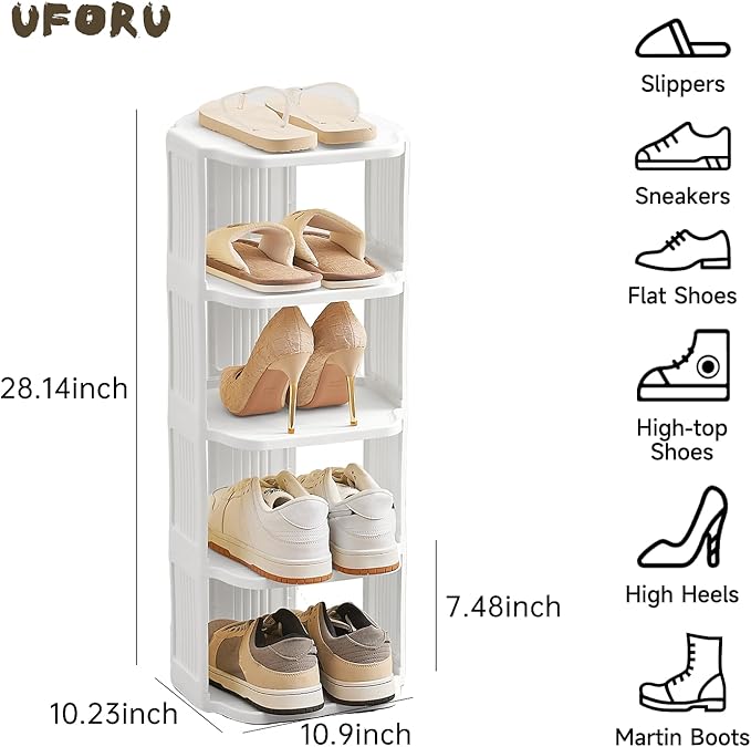 Small Shoe Rack, 5 Tier Plastic Vertical Shoe Rack for Small and Narrow Spaces, Free Standing Shoe Organizer for Closet, Entr