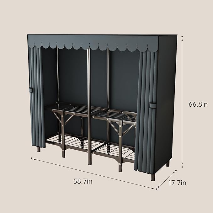 Gray Large Portable Armoire Wardrobe Closet with Foldable Clothing Wardrobe 25MM Steel Pipe Metal Frame Clothes Rack,One Piec