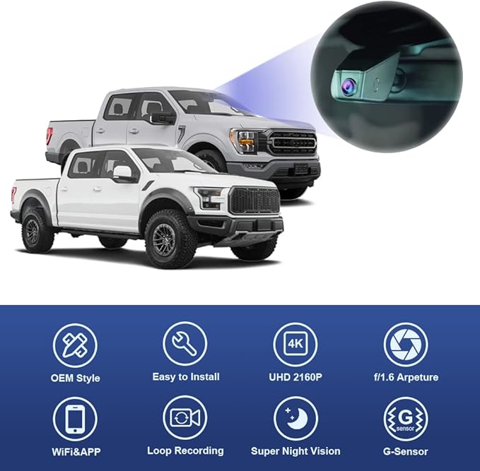 Fitcamx 4K Dash Cam Suitable for Ford F150 & F250 2021-2025 Limited XLT XL Raptor Lariat Platinum King Ranch Tremor, OEM Look