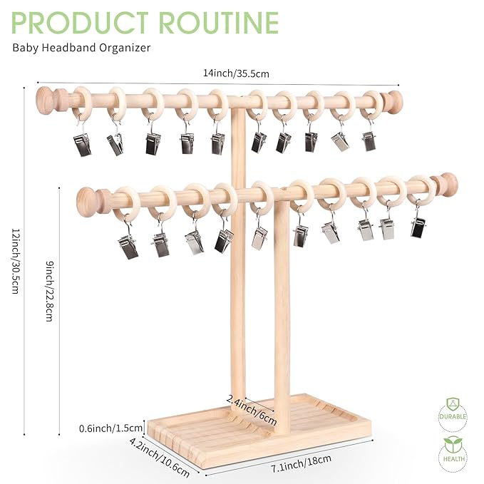 POVETIRE Headband Holder Stand Storage for Baby, 2 Tier Wooden Bow Organizer for Girls Hair Bows, Infant Hair Accessories Rac