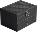 GUOER Jewelry Box for Women Girl Wife 3 Layers Large PU Leather Jewelry Organizer Storage Case with Two drawers Display for E