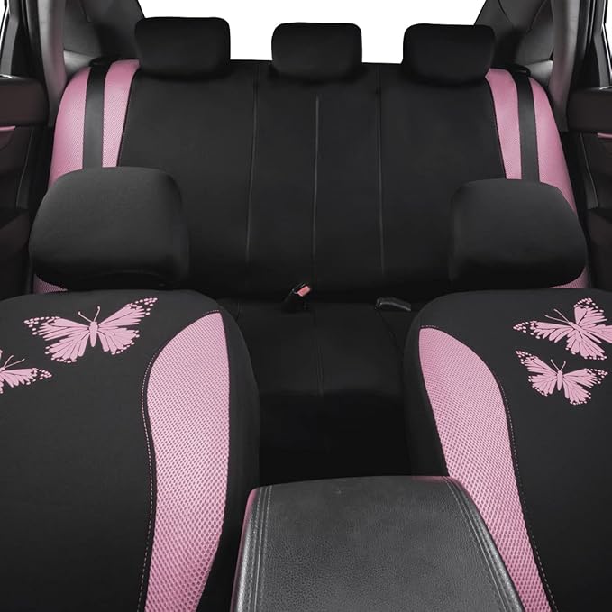 Flying Banner Butterfly car seat Covers ful Set Fashion Universal Lady Woman Female Rear Bench Split Colorized (Pink Black, F