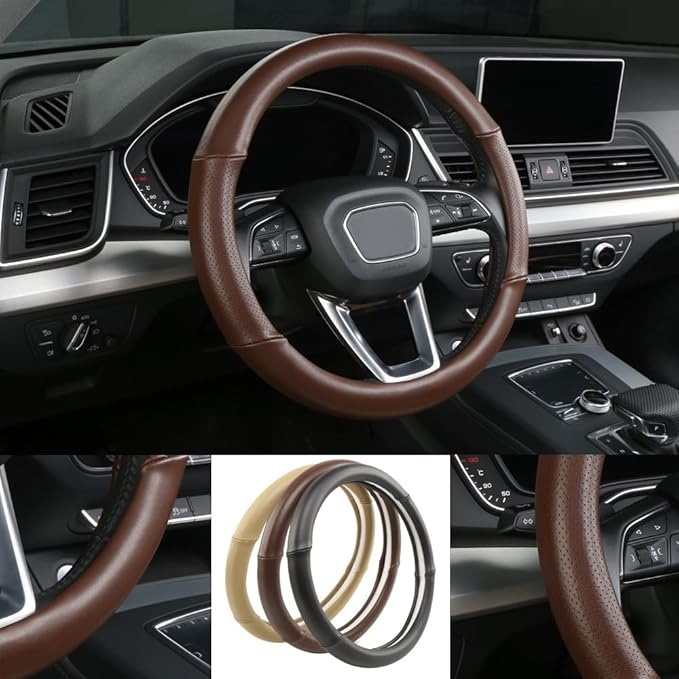 Cxtiy Genuine Leather Steering Wheel Cover with Ventilation Holes Luxury Cowhide,Breathable and Anti-Slip,14.5-15 inch(Brown)