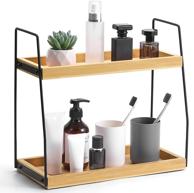 Bamboo Bathroom Counter Organizer, Wooden Bathroom Sink Countertop Organizer, 2 Ties Vanity Counter Top Shelf, Dresser Skinca