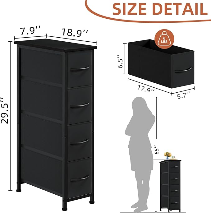 Somdot Narrow Dresser with 4 Drawers, Slim Storage Organizer Chest of Drawers with Removable Fabric Drawers for Small Spaces 