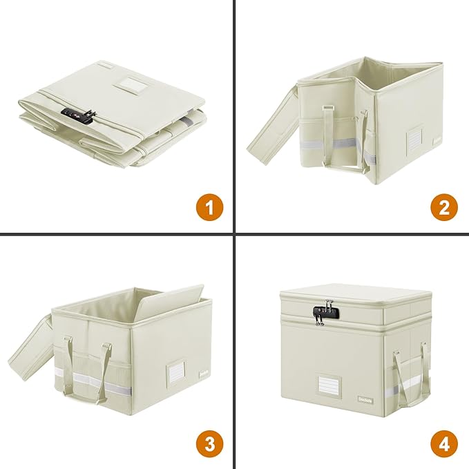 DocSafe File Box with Lock,Multi-Layer Fireproof Document Box Collapsible File Storage Organizer with Pockets/Handle,Large Po