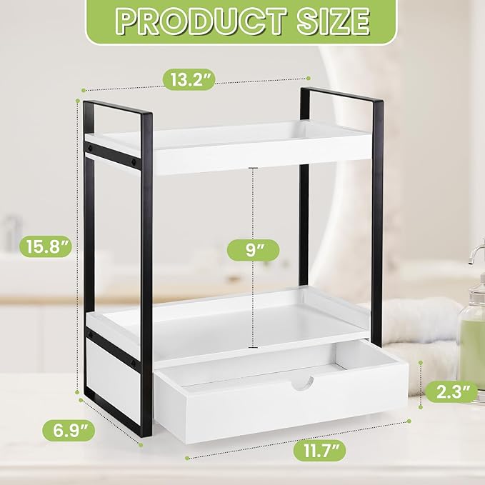 2-Tier Wooden Counter Shelf with Drawer, Vanity Tray for Organization and Decor, Countertop Organizer for Bathroom and Kitche