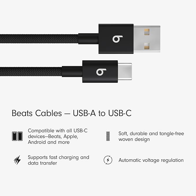 Beats USB-A to USB-C Woven Cable 2 Pack Fast Charging Durable/Tangle-Free Compatible Charger for Apple & Android Devices (1.5