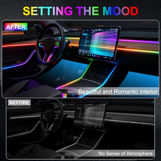 Acrylic Interior Car Ambient Lighting, Interior RGB LED Strip Kit with Music Sync Mode, 55 Inch Length Suitable for Pickup, Trucks, SUV and Large Vehicles (6 in 1)