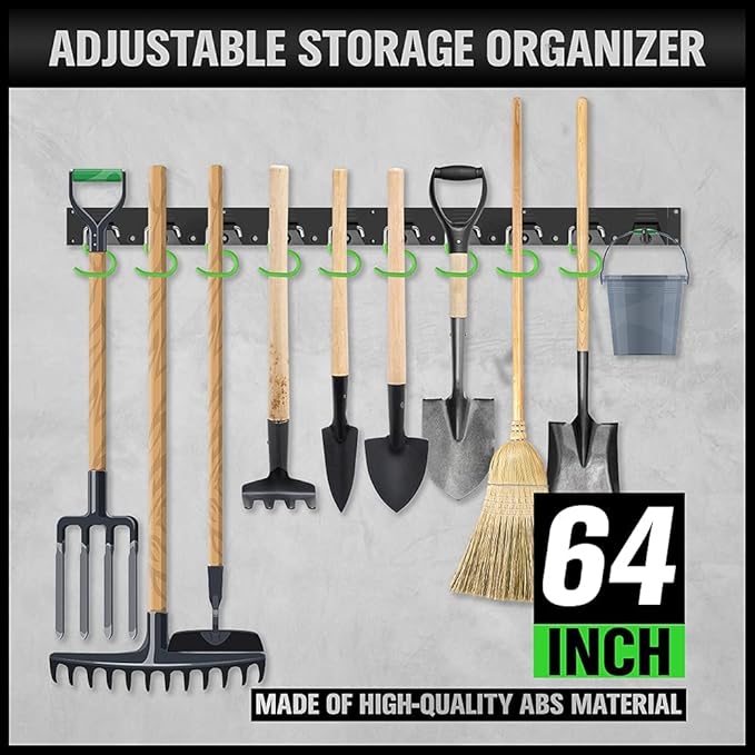 SWANLAKE Plastic 64 Inch Adjustable Storage System, Wall Mounted Hooks Tool Organizer, Garden Tool Hangers, Black