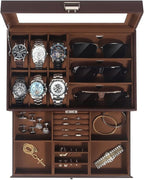 Kukikan Watch Jewelry Box Organizer, 6-Slot 2-Layer Watch Case and Sunglasses Storage with Large Glass Lid, Mens Jewelry