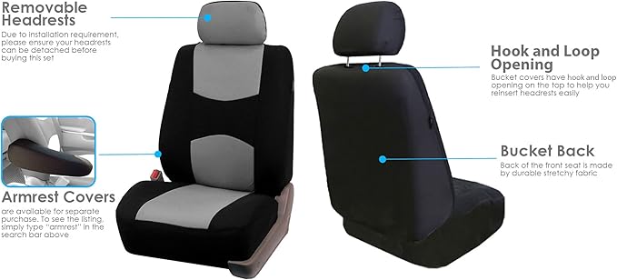 FH Group Car Seat Covers Flat Cloth Automotive Gray Full Set, Rear Solid Bench Universal Fit Combo Steering Wheel Cover & Seat Belt Pads Car Seat Protector for Cars Trucks SUV Interior Accessories