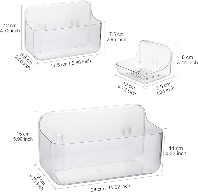 Diesisa 3pc Acrylic Wall Mount Organizer, Adhesive Clear Shower Caddies,Acrylic Soap Basket for wall,No Drilling Hang Walls,w
