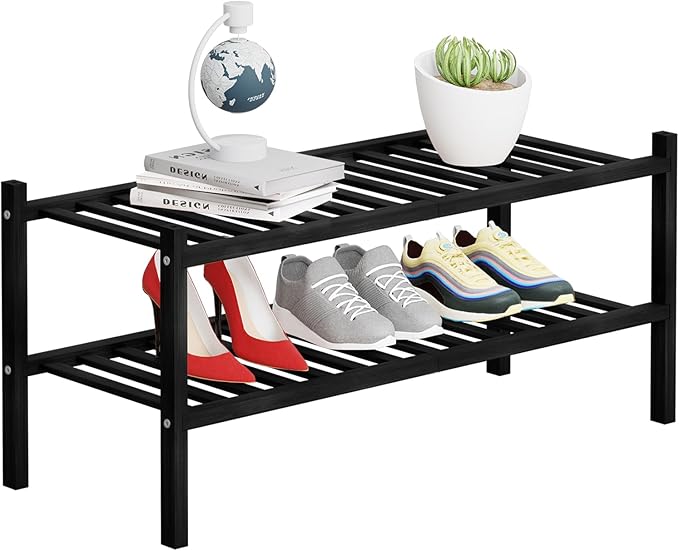 2 Tier Bamboo Shoe Rack Storage Organizer for Closet, Multifunctional Stackable Free Standing Shoe Shelf Organizer for Small 