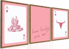 Western Wall Art Set of 3, Southwestern Cowboy Playing Card Wall Decor, Pink Longhorn Bull Skull and How Lucky are We Poster 