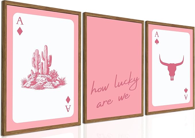 Western Wall Art Set of 3, Southwestern Cowboy Playing Card Wall Decor, Pink Longhorn Bull Skull and How Lucky are We Poster 