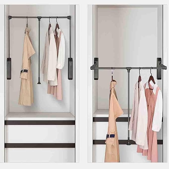 Pull Down Wardrobe Clothes Rail - Extendable Clothes Rail, Steel Sliding Trouser Bar, Push-Pull Wardrobe Organizer, Soft Clos