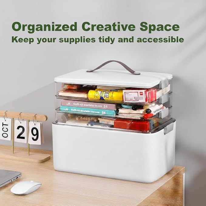 MOPALL 4-Tier Medicine Organizer Storage Box, Portable Latch Bin with Lid and Leather Handle, Cabinet Closet Organization for