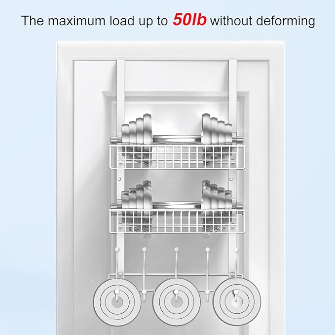 Coat Rack, Over The Door Hanger with Mesh Basket, Detachable Storage Shelf for Towels, Hats, Handbags, Coats (White-2 Baskets